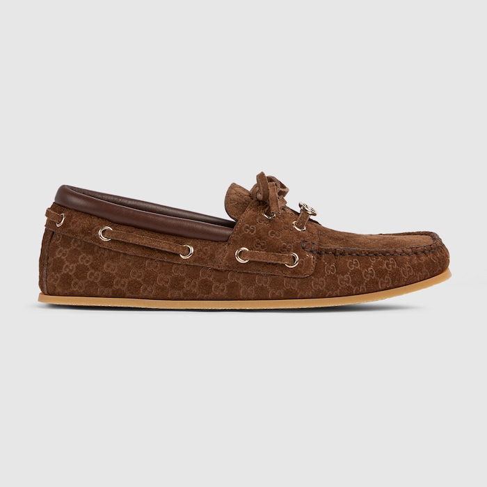 Women's boat shoe in dark brown GG suede | GUCCI® US