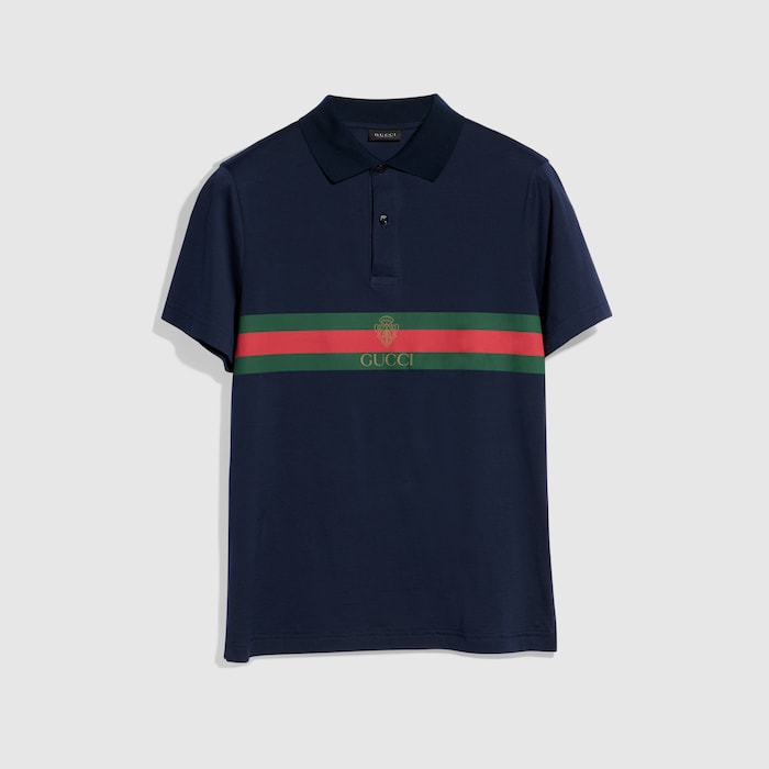 GUCCI カラーポロシャツ Cotton jersey polo shirt with Web in dark blue | GUCCI® US