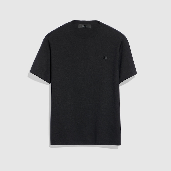 Knit silk cotton T-shirt with embroidery in black | GUCCI® SI