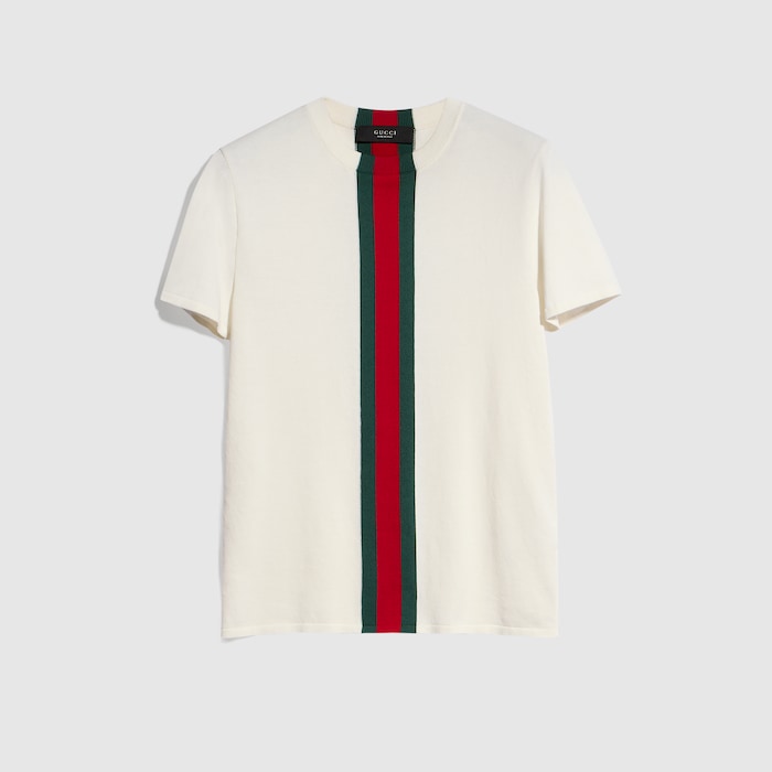 Knit cotton T-shirt with Web intarsia in white | GUCCI® RO