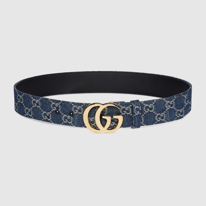 GG Marmont wide belt in dark blue GG denim | GUCCI® US