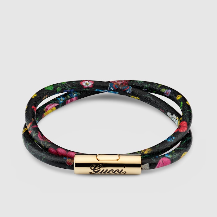 Leather double bracelet with Gucci script in black leather | GUCCI® US