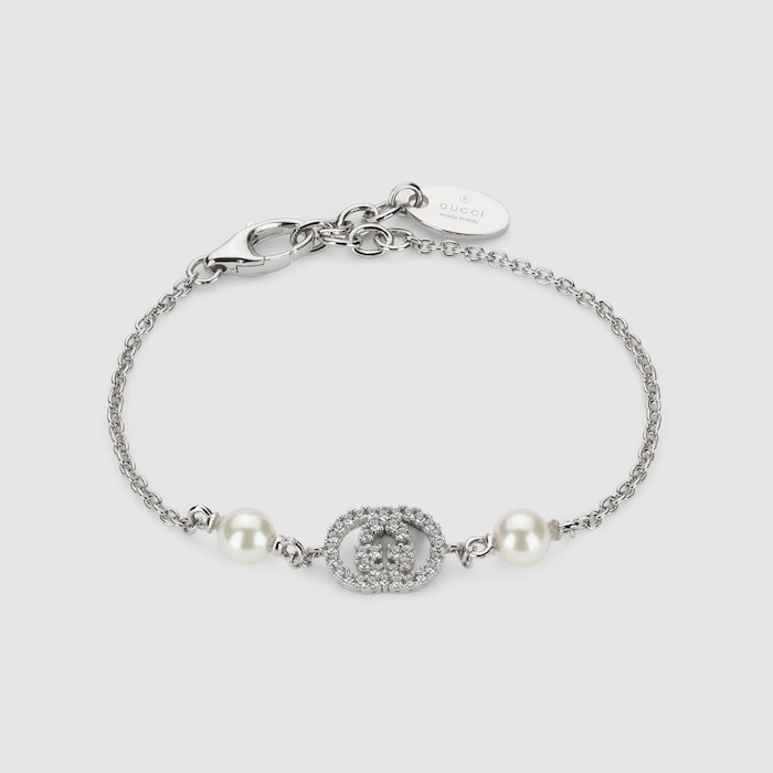 Crystal and pearl bracelet in palladium-toned brass | GUCCI® US