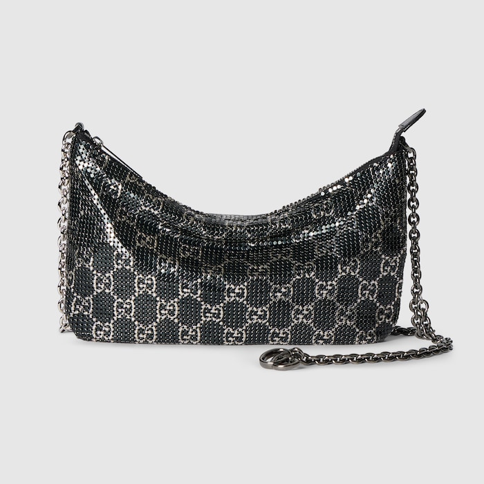 Metallic evening bag with charm in black and silver GG mesh