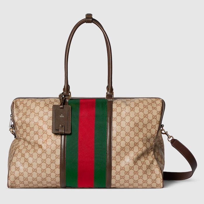 Medium GG duffle bag with Web in sand and brown GG canvas | GUCCI® US