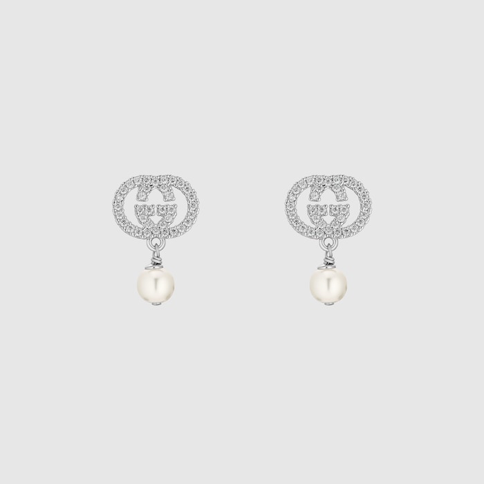 Crystal and pearl earrings in palladium-toned brass | GUCCI® US