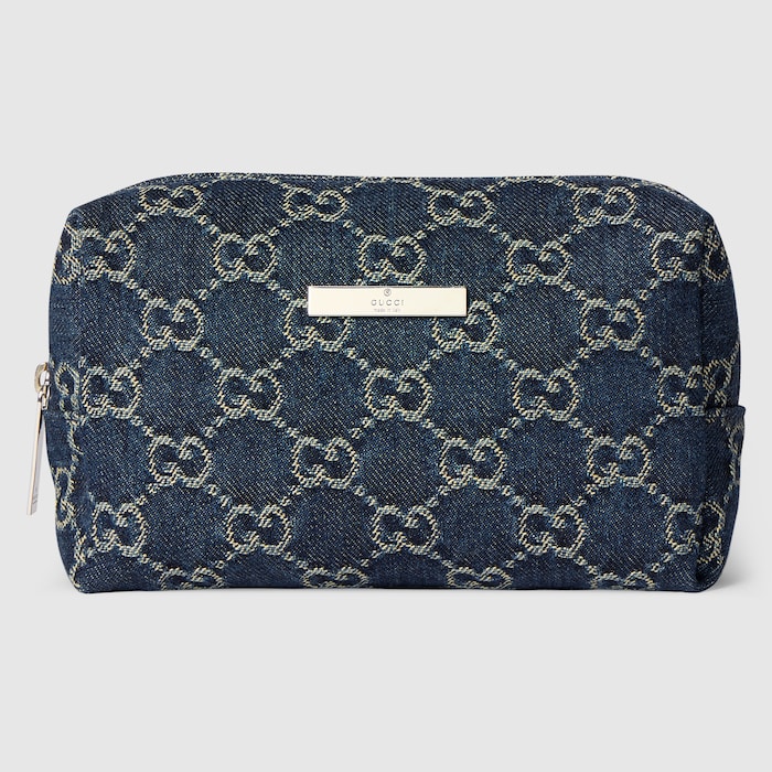 美品　GUCCI アルマーニコレクション ポーチ Medium cosmetic case with Gucci plaque in dark blue GG denim