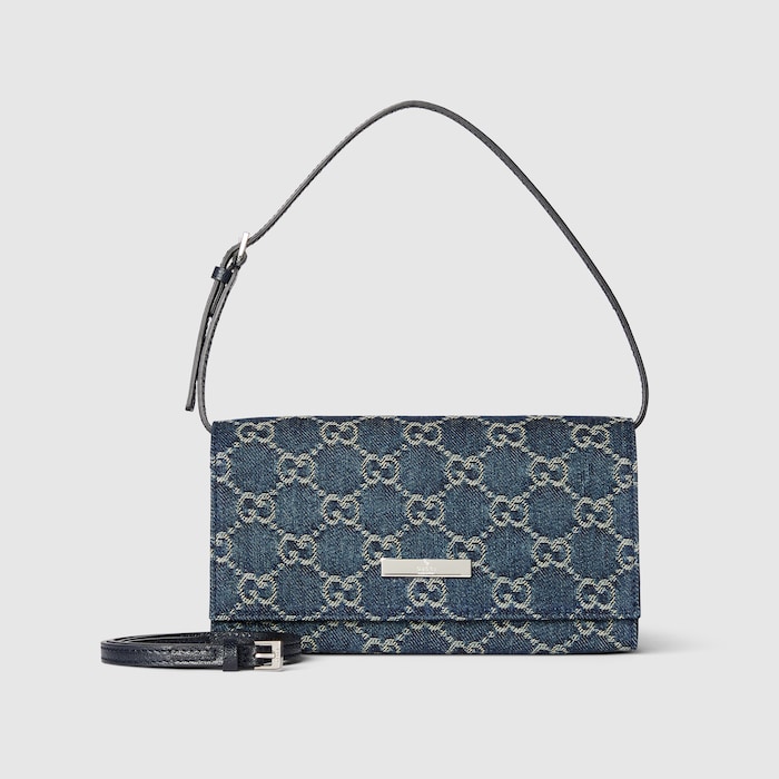 Small pouch with strap and Gucci plaque in dark blue GG denim