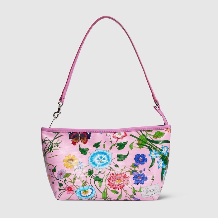 GUCCI グッチ フローラルクッション ピンク チェック タッセル付き 正規品 フローラモチーフ ストラップ付き スモール ポーチ ・ピンク＆マルチ