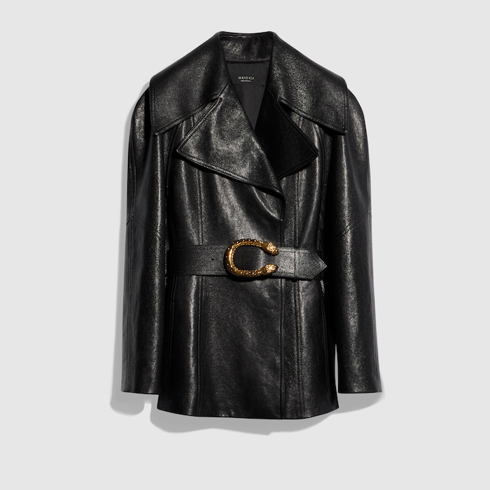 GUCCI トレンチジャケット Soft grainy leather trench in black | GUCCI® CA