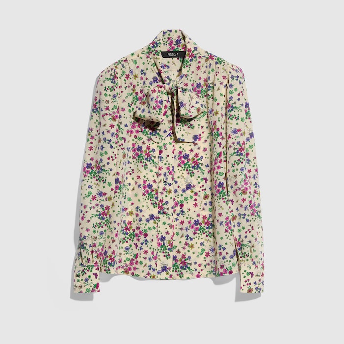 ボウ付き プリント シルク シャツ ・マルチカラー | GUCCI公式