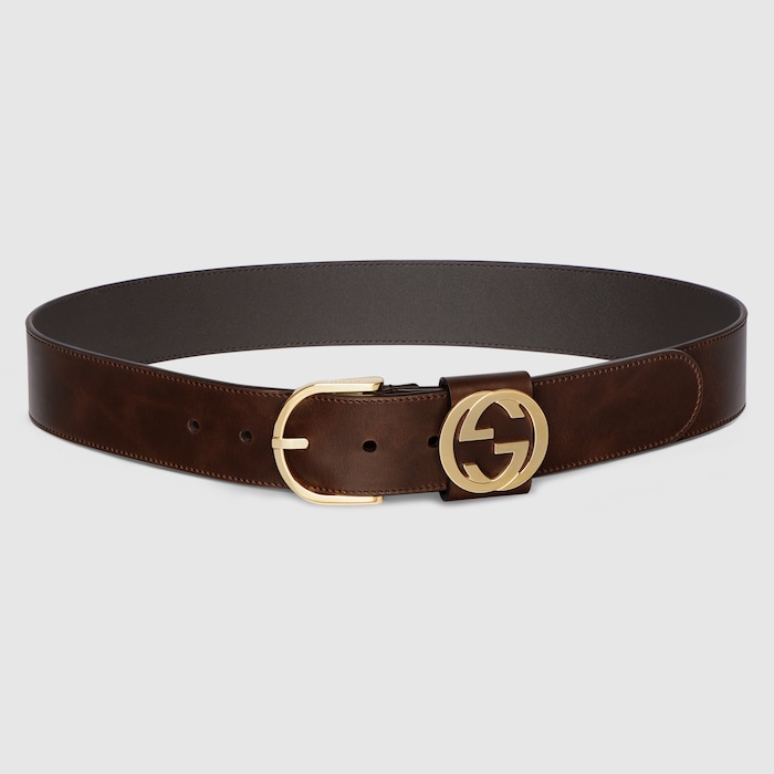 Wide belt with round buckle in dark brown leather | GUCCI® US