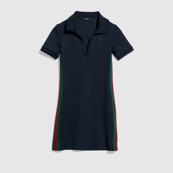Rib cotton jersey dress with Web in dark blue | GUCCI US Rib cotton jersey dress with Web in dark blue | GUCCI US