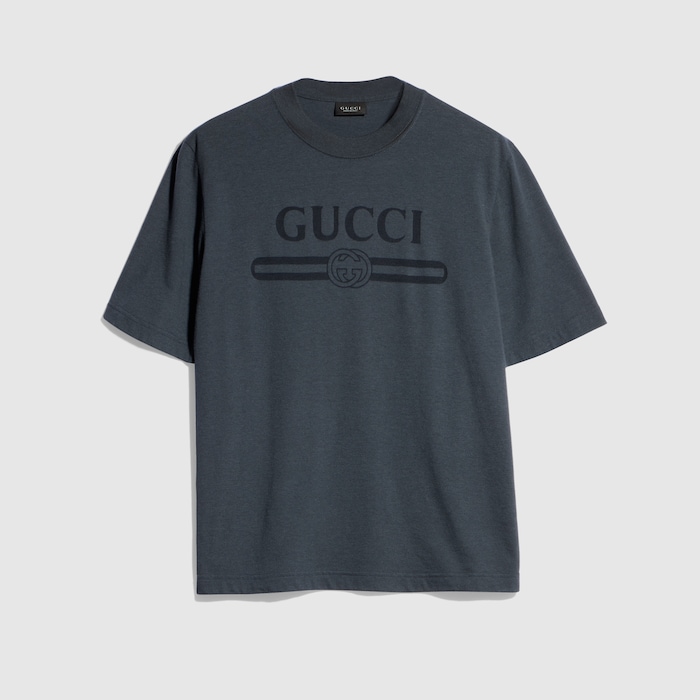デボレディテール付き コットンジャージー Tシャツ ・ダークグレー