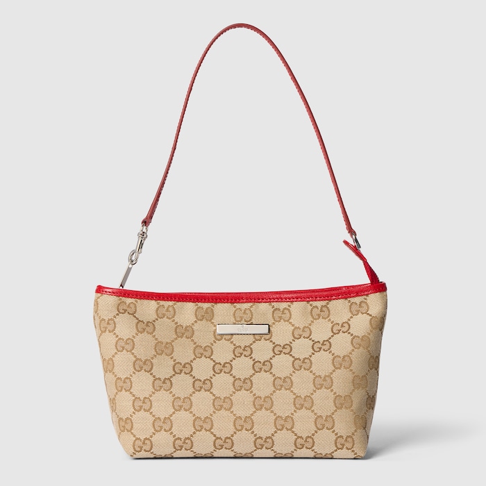 Small pouch with strap and Gucci plaque in natural canvas | GUCCI® ZA