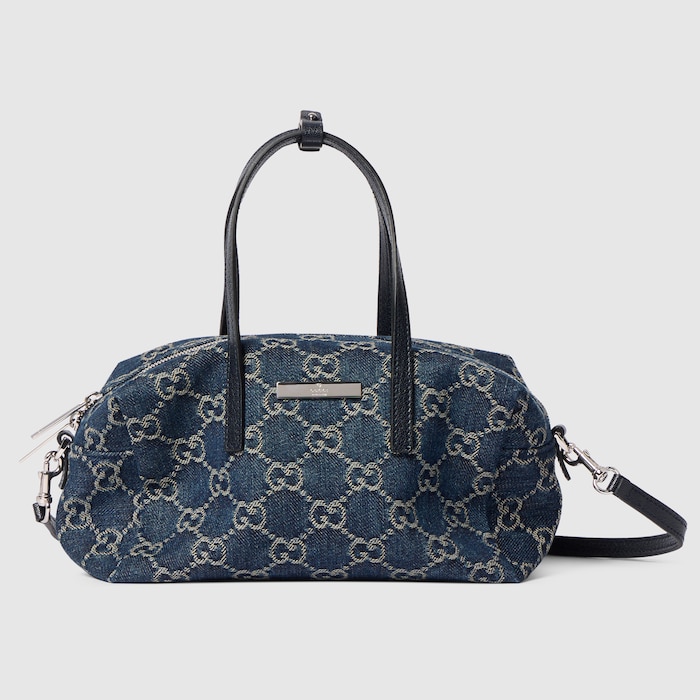 Small boston bag with Gucci plaque in dark blue GG denim | GUCCI® US
