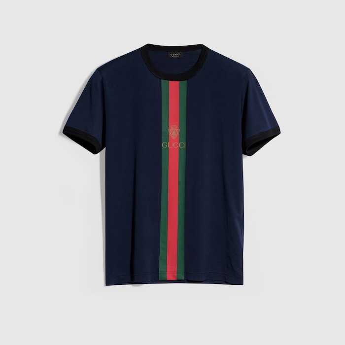 Cotton jersey T-shirt with print in dark blue | GUCCI® ZA