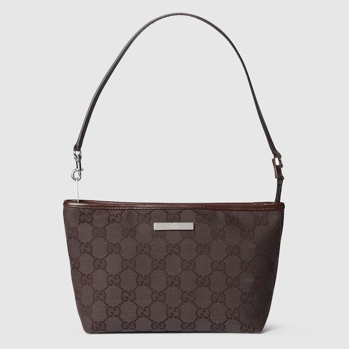 Small pouch with strap and Gucci plaque in dark brown GG canvas