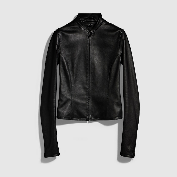 Light stretch leather zip jacket in black | GUCCI® ZA