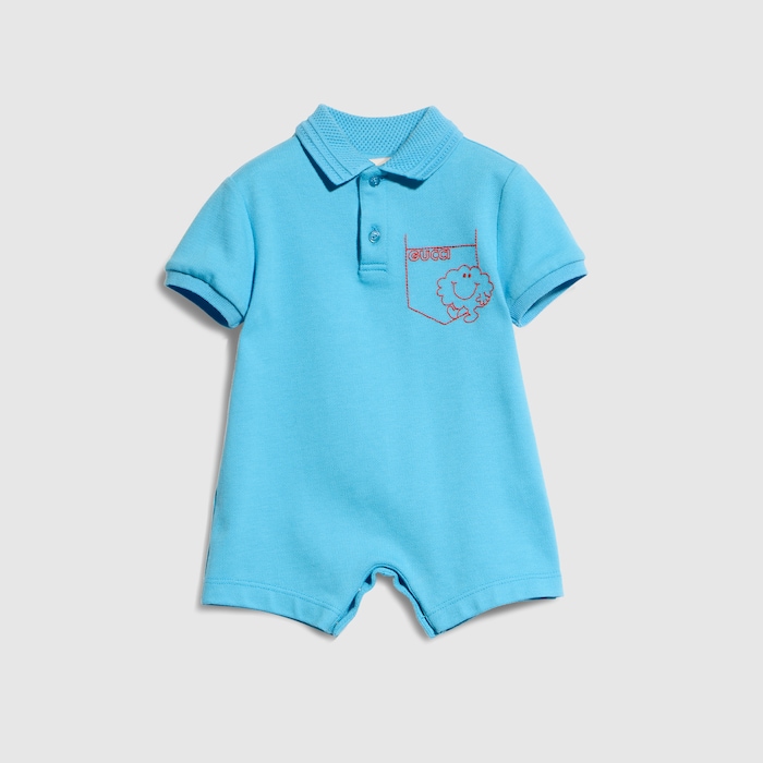 Baby cotton one-piece with embroidery in light blue | GUCCI® US