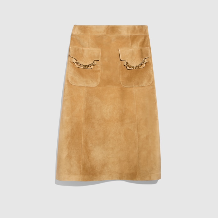 Suede skirt with chain detail in camel | GUCCI® RO