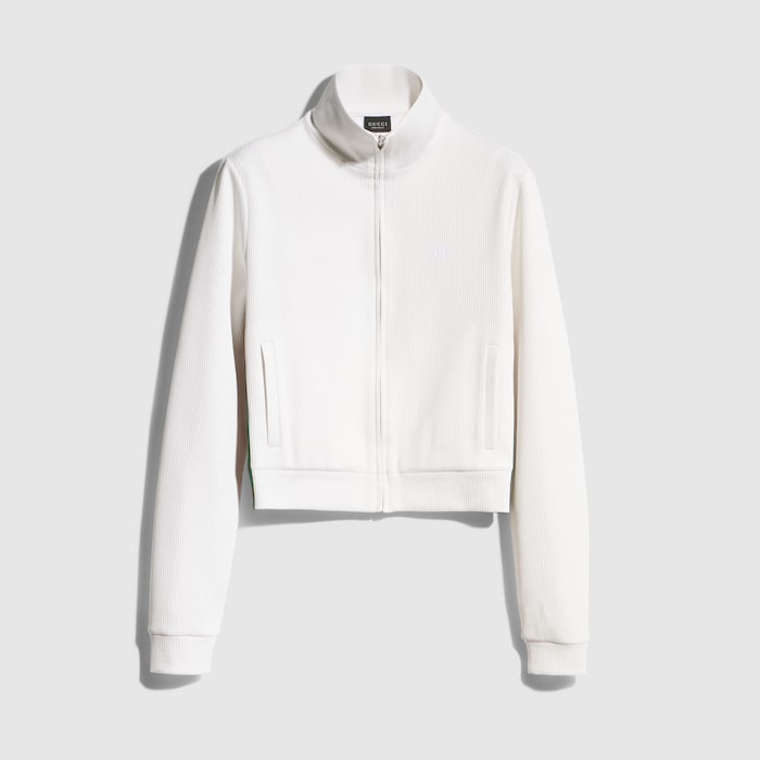 Rib cotton zip sweatshirt with Web in white | GUCCI® US
