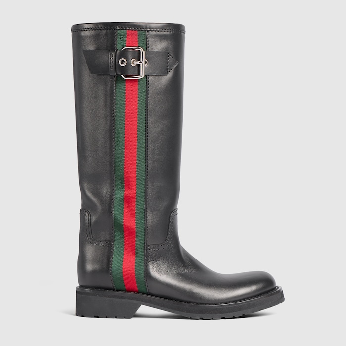 Women's biker boot with Web in black leather | GUCCI® RO