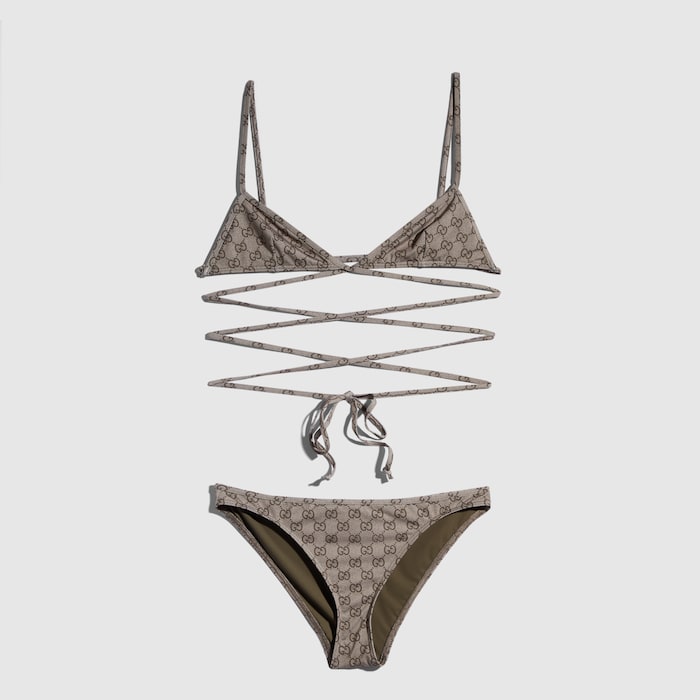 Printed stretch jersey bikini in beige and dark brown | GUCCI® US