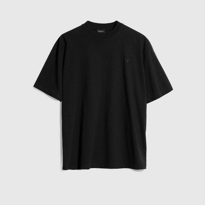 エンブロイダリー付き コットンシルクジャージー Tシャツ ・ブラック