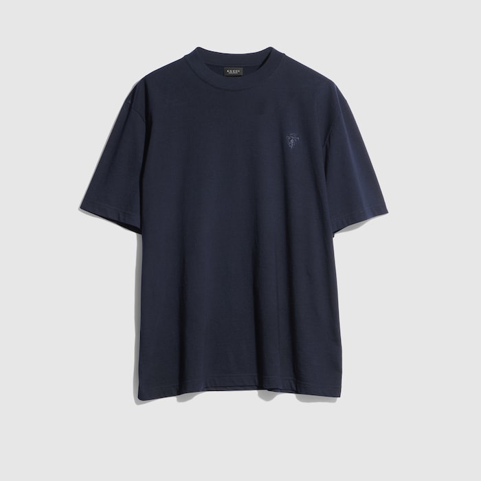 【新品】COTTON SILK L/S CREW NECK Cotton silk jersey T-shirt with embroidery in dark blue | GUCCI® US