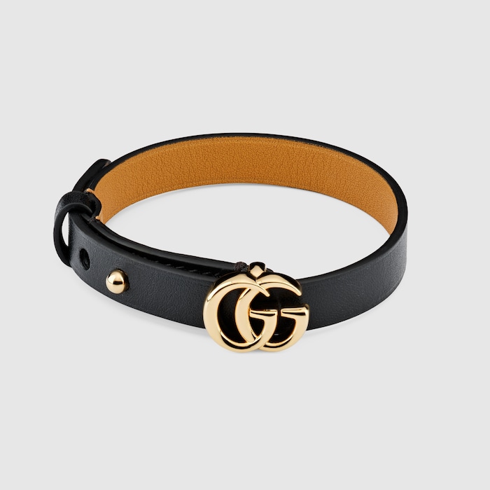 Leather bracelet with Double G in black leather | GUCCI® US