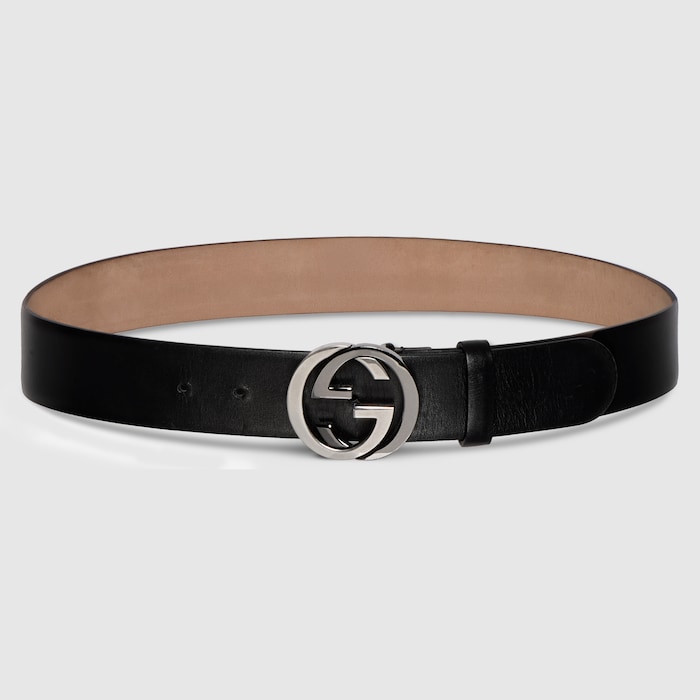 Wide belt with Interlocking G buckle in black leather | GUCCI® US