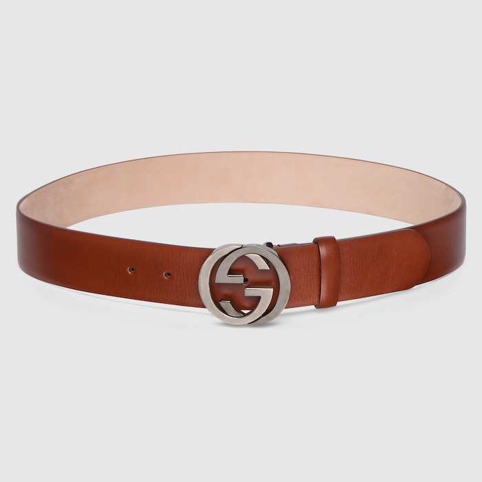Wide belt with Interlocking G buckle in russet leather | GUCCI® US
