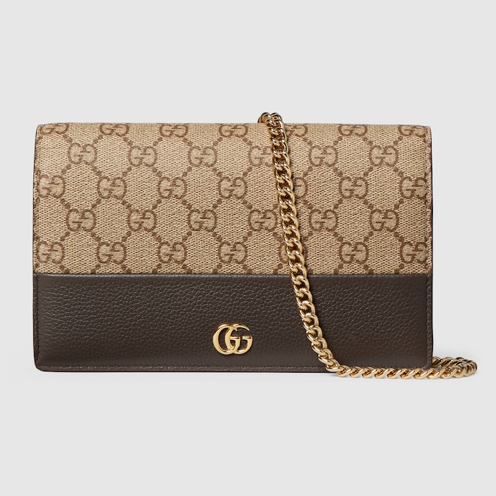 Bi-color GG Marmont wallet on chain in taupe leather and Supreme