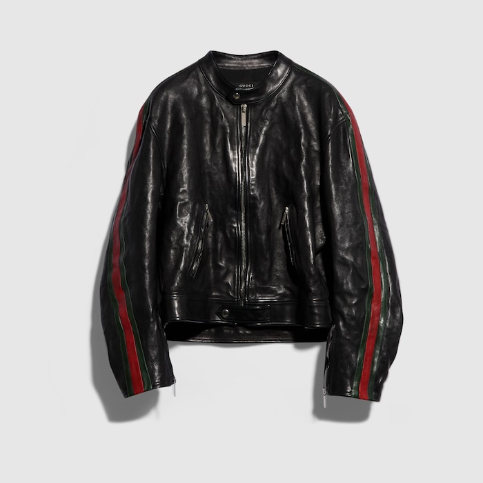 GUCCI アウター　ハンガー付き ウェブ ストライプ付き バッファローレザー バイカージャケット
