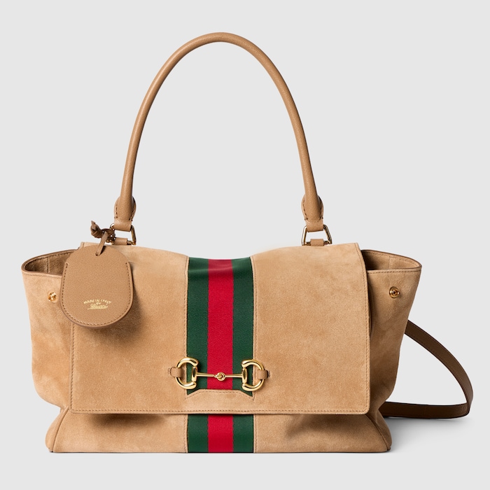 Paparazzo medium top handle bag in sand suede | GUCCI® US