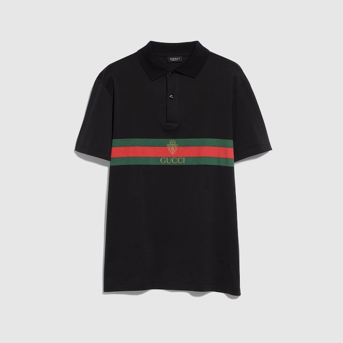 Cotton jersey polo shirt with print in black | GUCCI® US