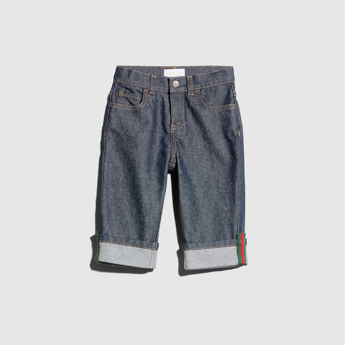 Baby denim pants with Web in dark blue | GUCCI® US