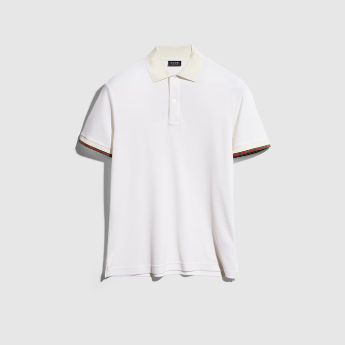 Silk jersey polo shirt with Web in white | GUCCI® US