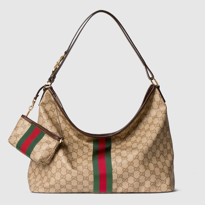 Large shoulder bag with Web in sand and brown GG canvas | GUCCI® US