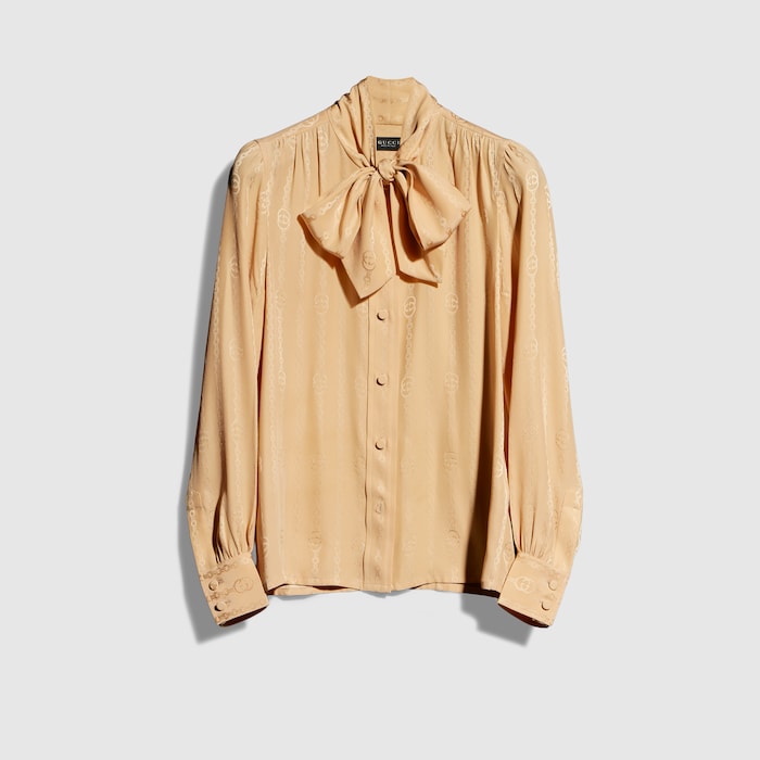 GUCCI ベージュ Vネック 長袖 Tシャツ M インターロッキングG チェーン シルクジャカード シャツ ・ベージュ