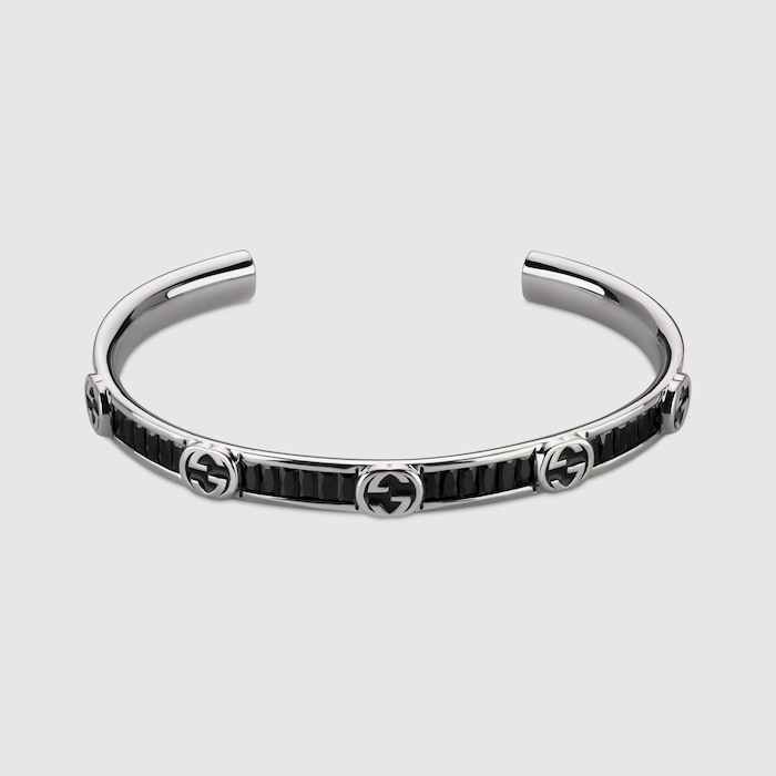 アクセサリー GUCCI Logo Black Patent Silver Bangle Gucci Interlocking crystal bangle bracelet in 925 sterling silver