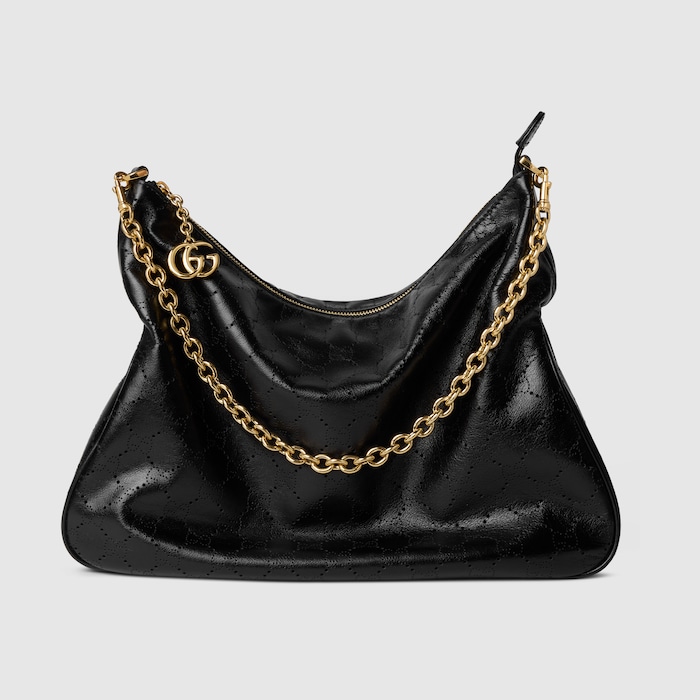 Lady Lunetta Chain medium shoulder bag in black GG leather | GUCCI® US