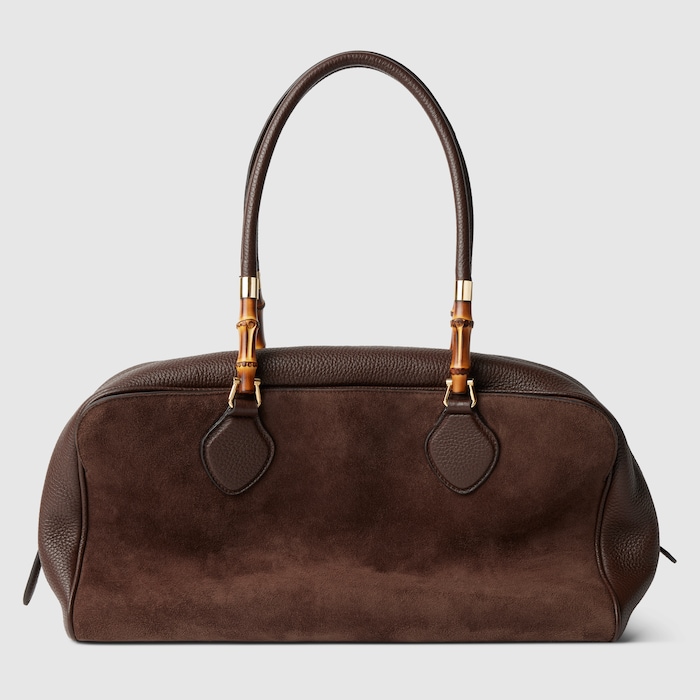 Large boston bag with bamboo in dark brown suede | GUCCI® GR