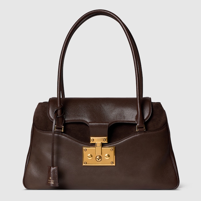 Large tote bag with lock in dark brown leather | GUCCI® US