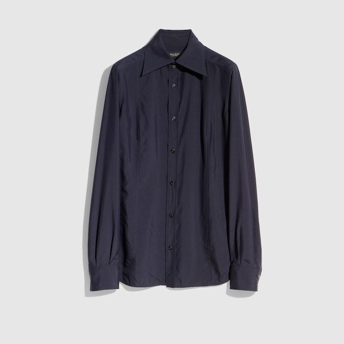 GUCCI グッチ ポプリンシャツ 長袖 ブルー 新品タグ付き Silk poplin shirt in dark blue | GUCCI® US