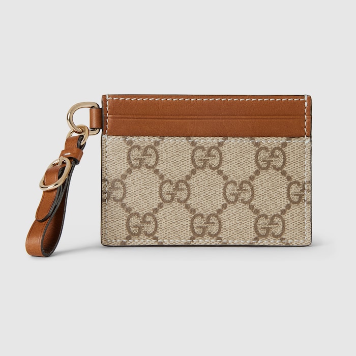 GG Emblem card case with strap in beige and dark brown fabric