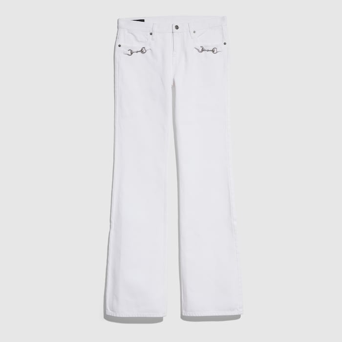 Cotton denim pants with Horsebit in white | GUCCI® US