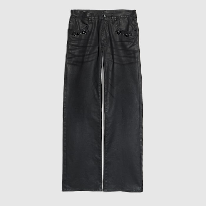 GUCCI 21SS GG総柄 レザー切替 エコウォッシュド デニムパンツ 28 フレア コーティング コットン ツイル デニム パンツ ・ブラック