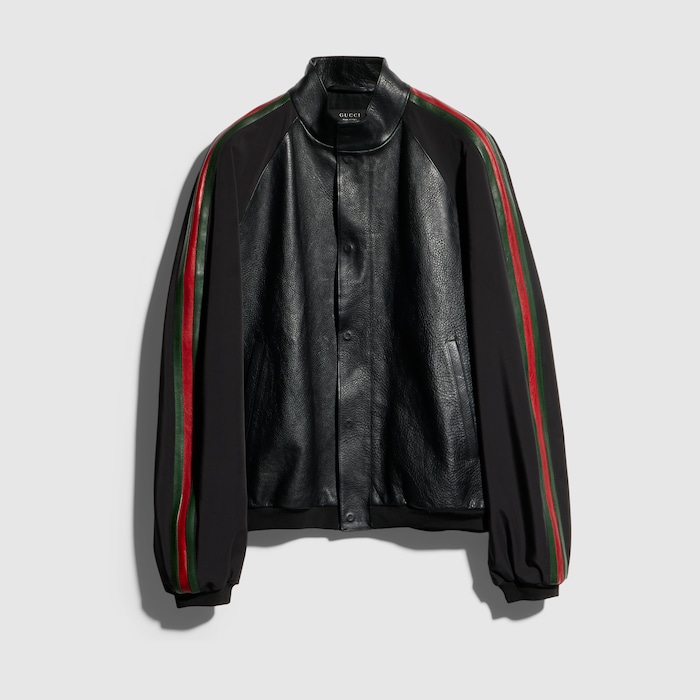 Leather bomber jacket with Web in black | GUCCI® US